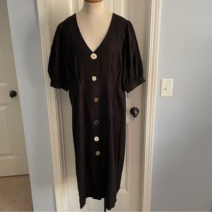 Eloquii 16 Midi Dress ~ Black Linen Blend Faux Button Front V-neck LAGENLOOK